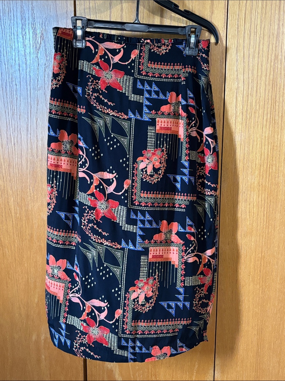 Black Floral Geometric Midi Skirt with Coral Accents100%Rayon